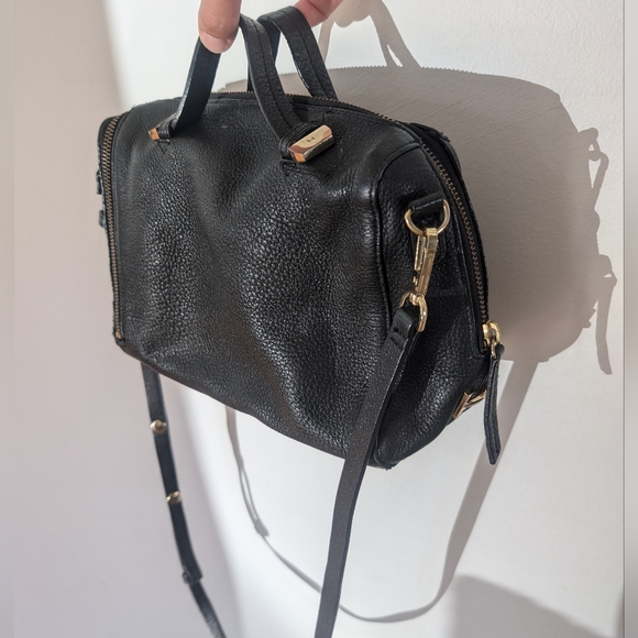 Halston Heritage Baby Pebbled Satchel Bag - Black Leather with Gold Accents - Picture 7 of 16